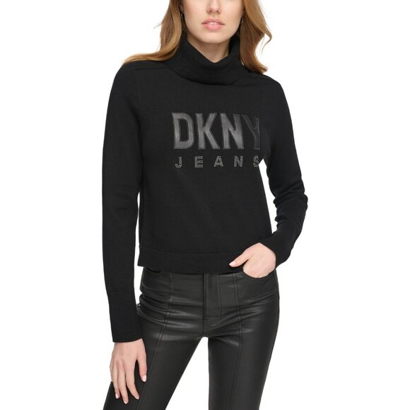 DKNY Jeans Women's Faux-Leather-Logo Turtleneck Sweater Black Size M MSRP $89 - Picture 1 of 1